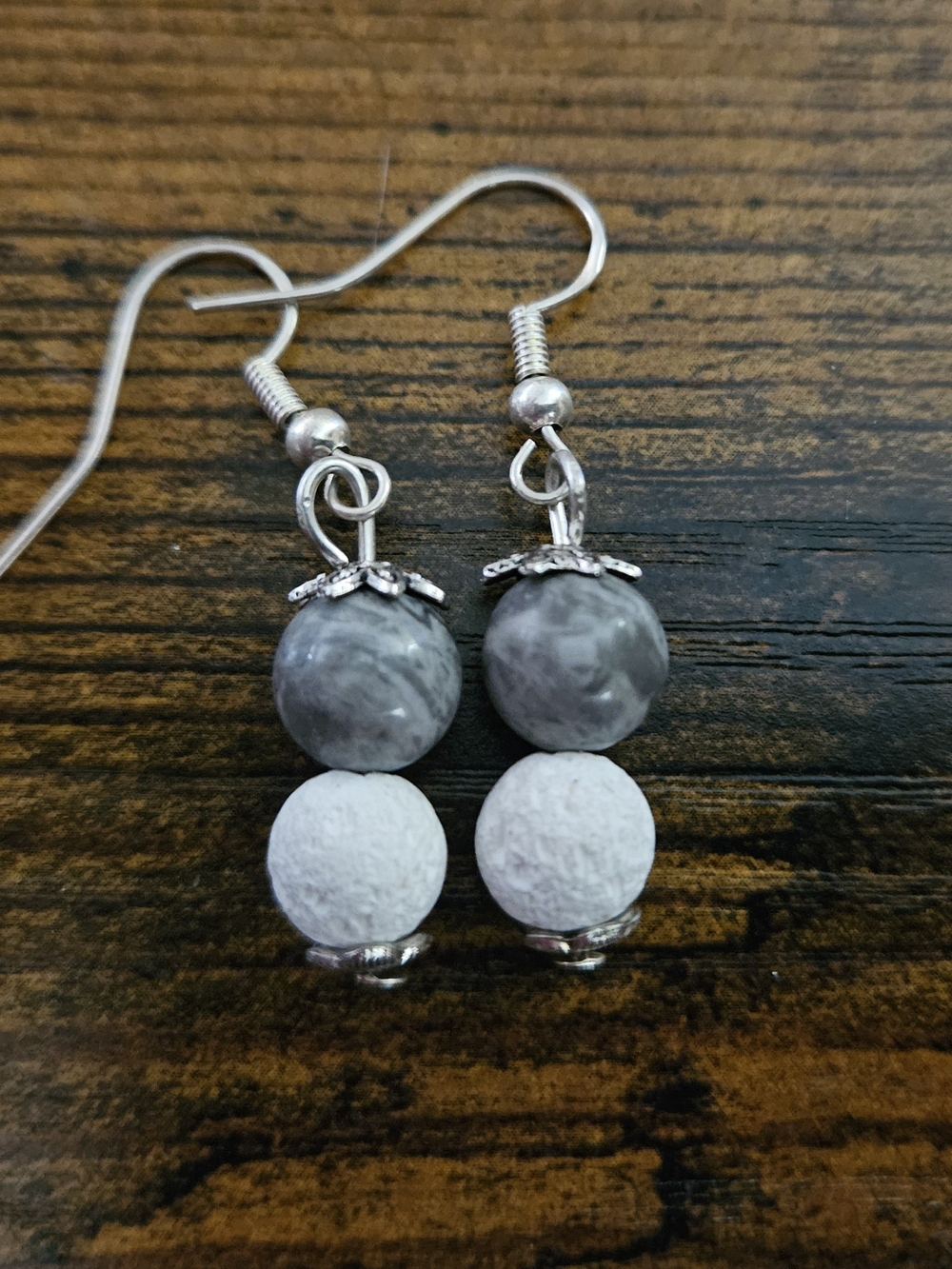 Silver-Tone Gray Lace Agate and White Lava Bead Drop Earrings